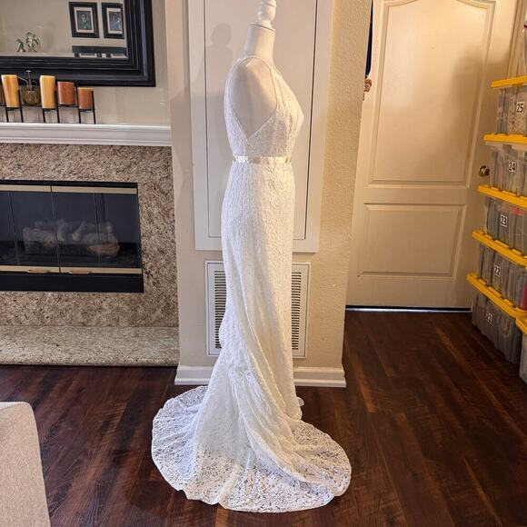 GALINA Illusion Lace Halter Sheath Wedding Boho Dress Altered Size 4 Ivory - Picture 7 of 16